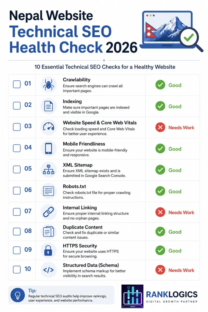  Nepal website technical SEO health check 2026 - RankLogics audit checklist